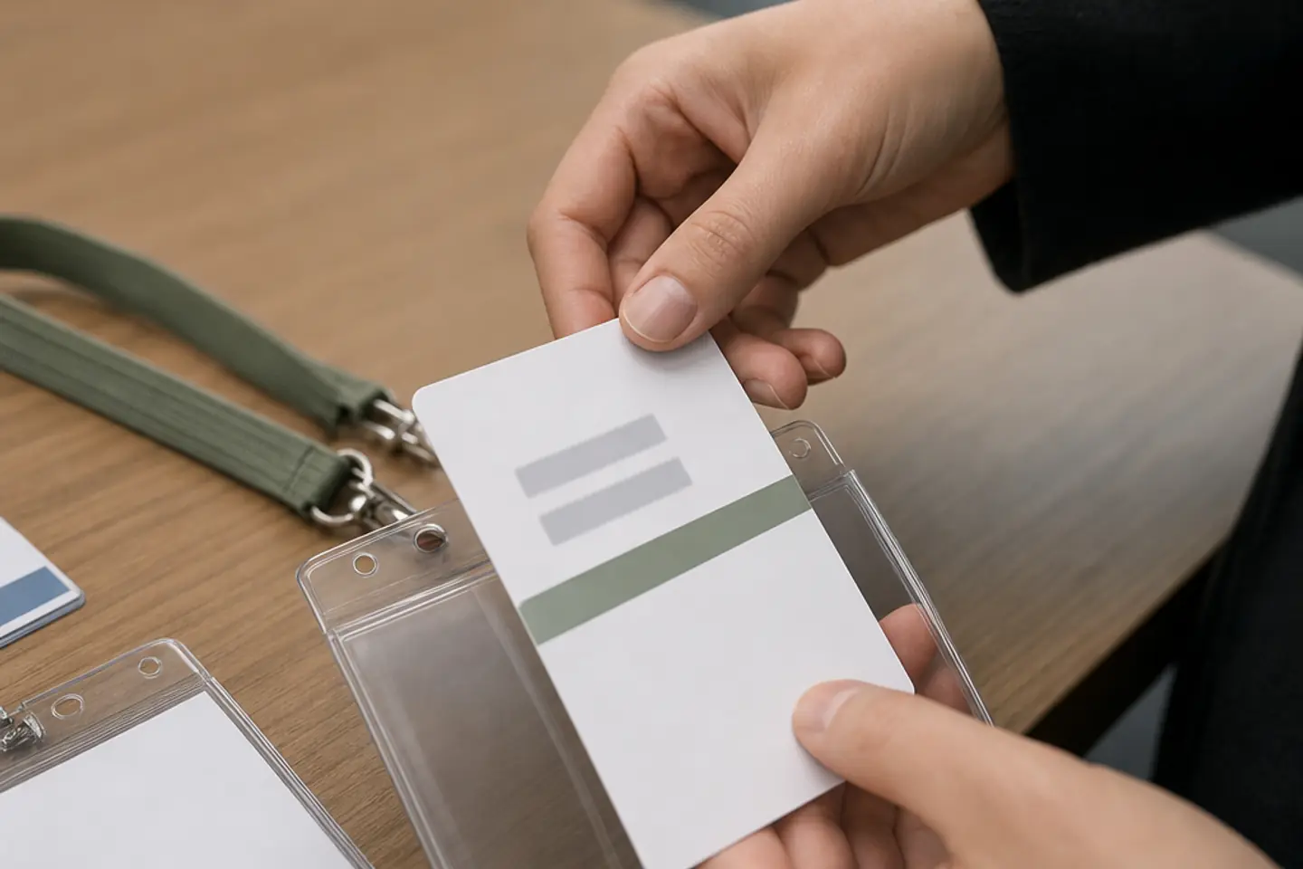 Руки вставляют обезличенную карточку с цветовой полосой роли в держатель бейджа